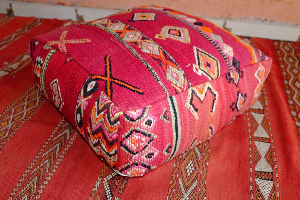 Embroidered Leather Moroccan Pouf